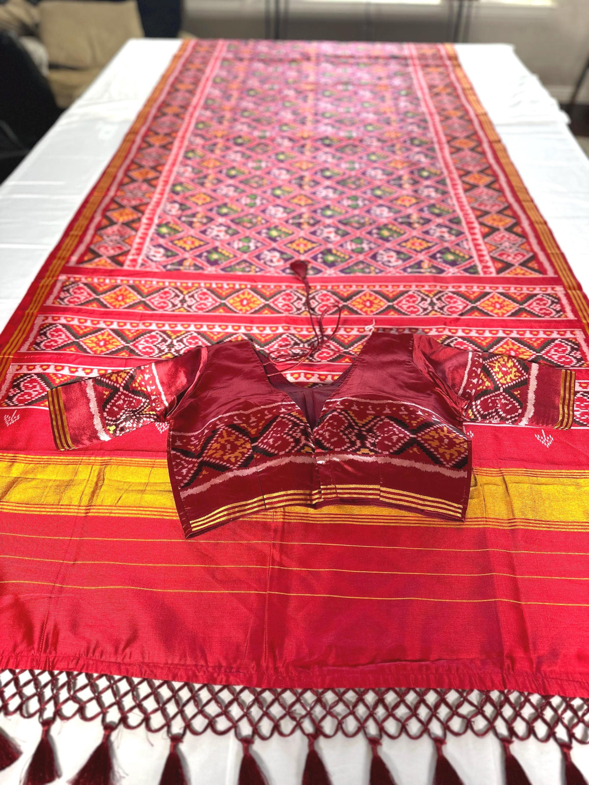 Patan Patola Semi Silk / Art Silk Saree with Stitched Blouse  | Ready to wear