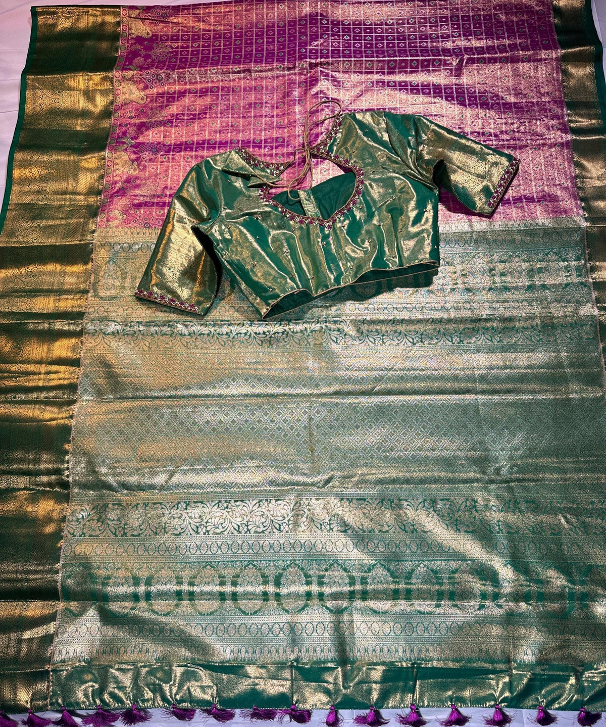 Premium Kanjivaram Brocade Semi Silk Saree with Stitched Maggam Work Blouse Partywear Grand Saree for Wedding receptions.