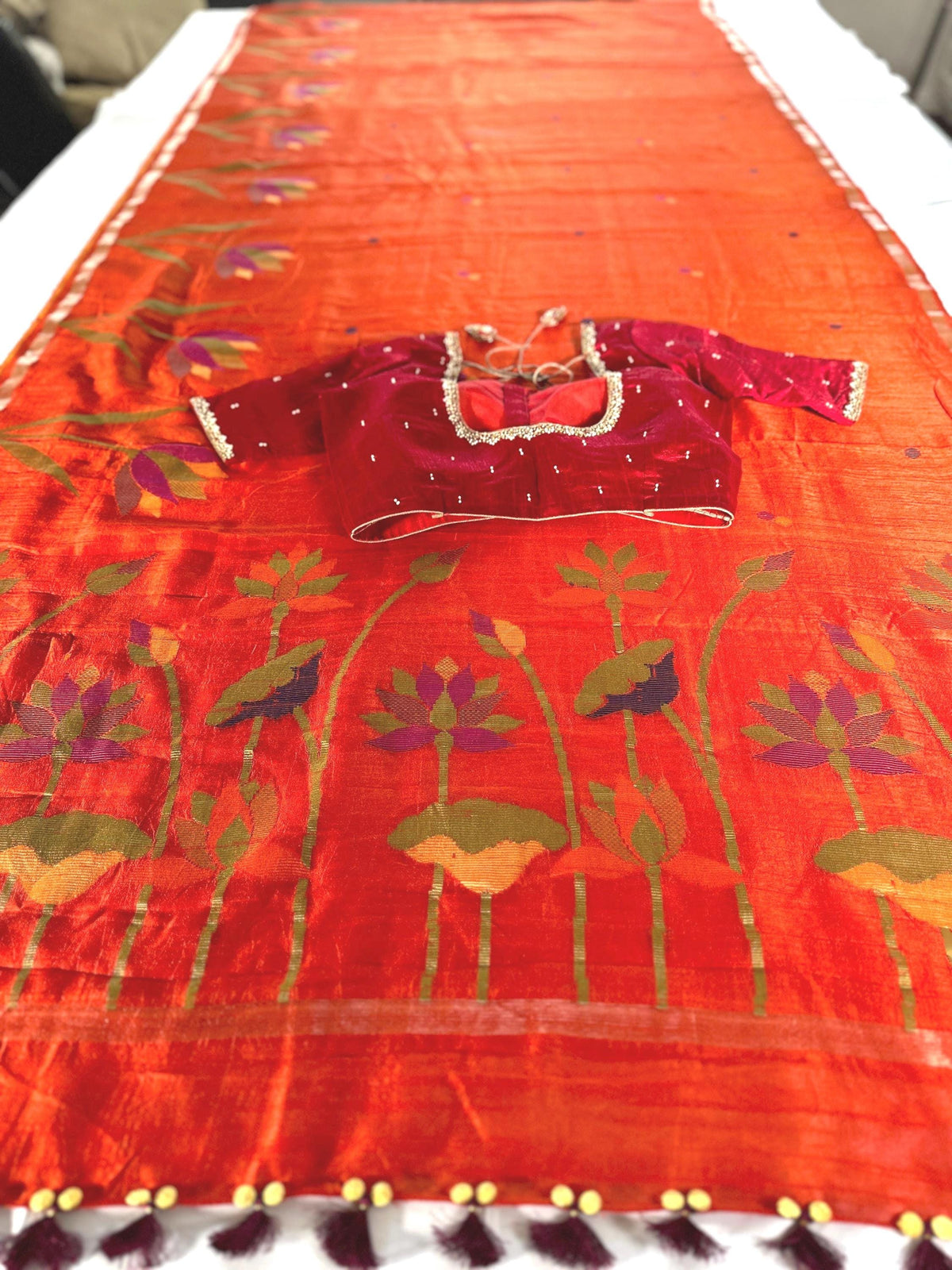 Handloom Jamdani Weaving Matka Jute Silk Saree with blouse | Wedding Party Saree | Ships from USA