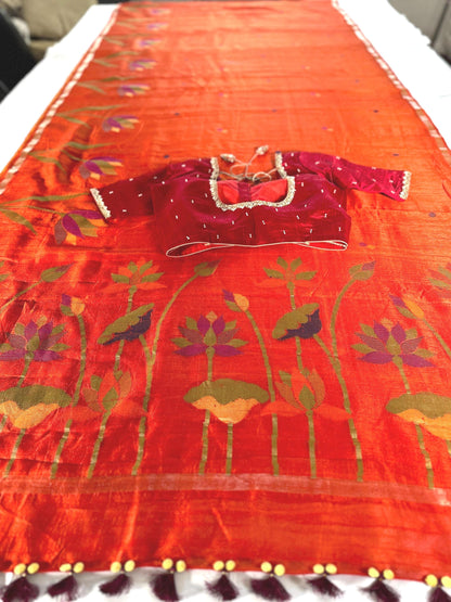 Handloom Jamdani Weaving Matka Jute Silk Saree with blouse | Wedding Party Saree | Ships from USA
