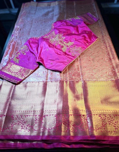 Kanjivaram Tissue Semi Silk Saree with Stitched Maggam Work Blouse |  Semi Kanchi pattu Indian Wedding Saree | Ships From USA