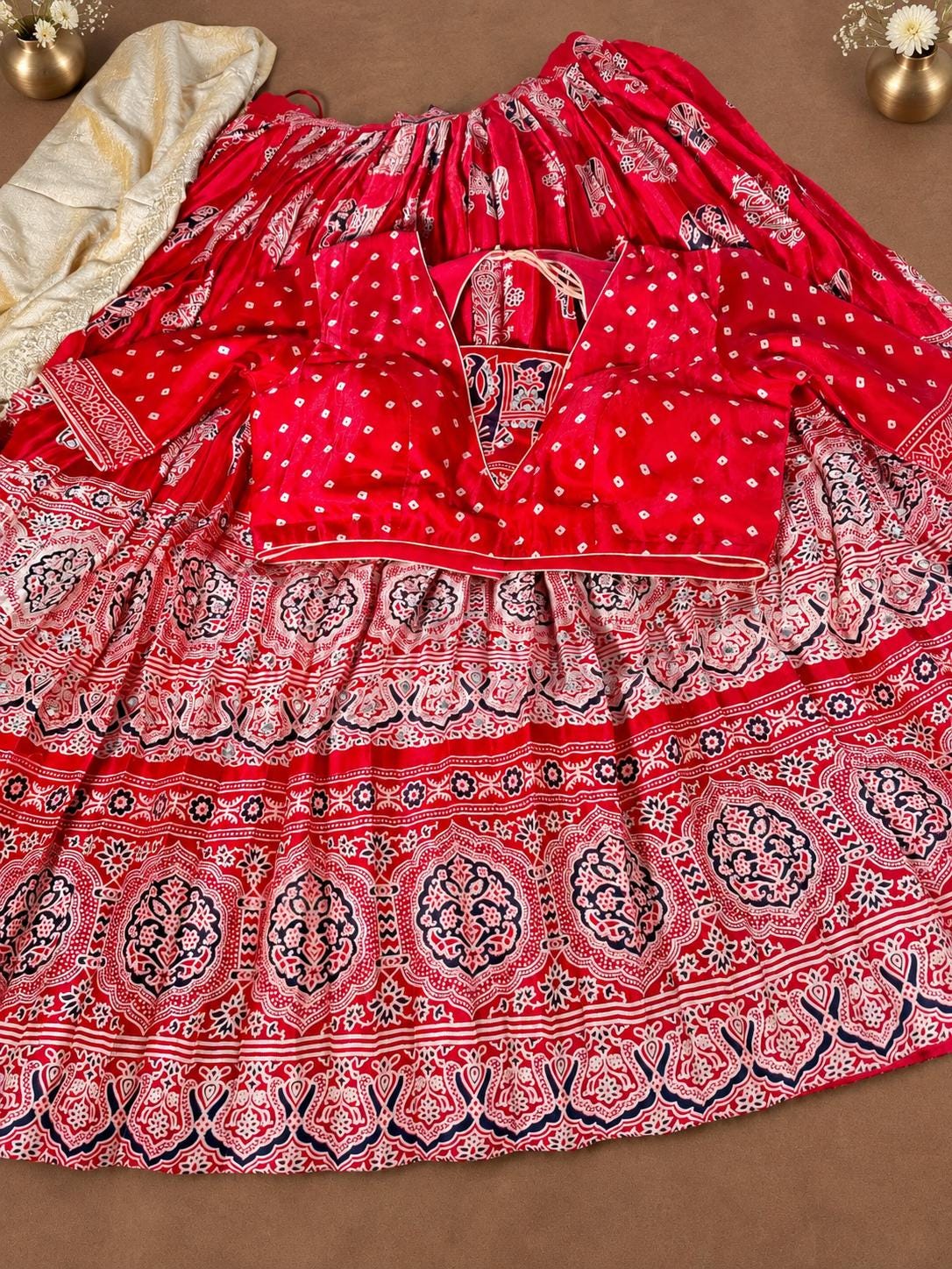Mirror Work Pure Ajrakh Modal Silk Lehenga with Stitched Blouse Patola Print Designer Ethnic Wedding, Festive & Party Wear | Ships from USA