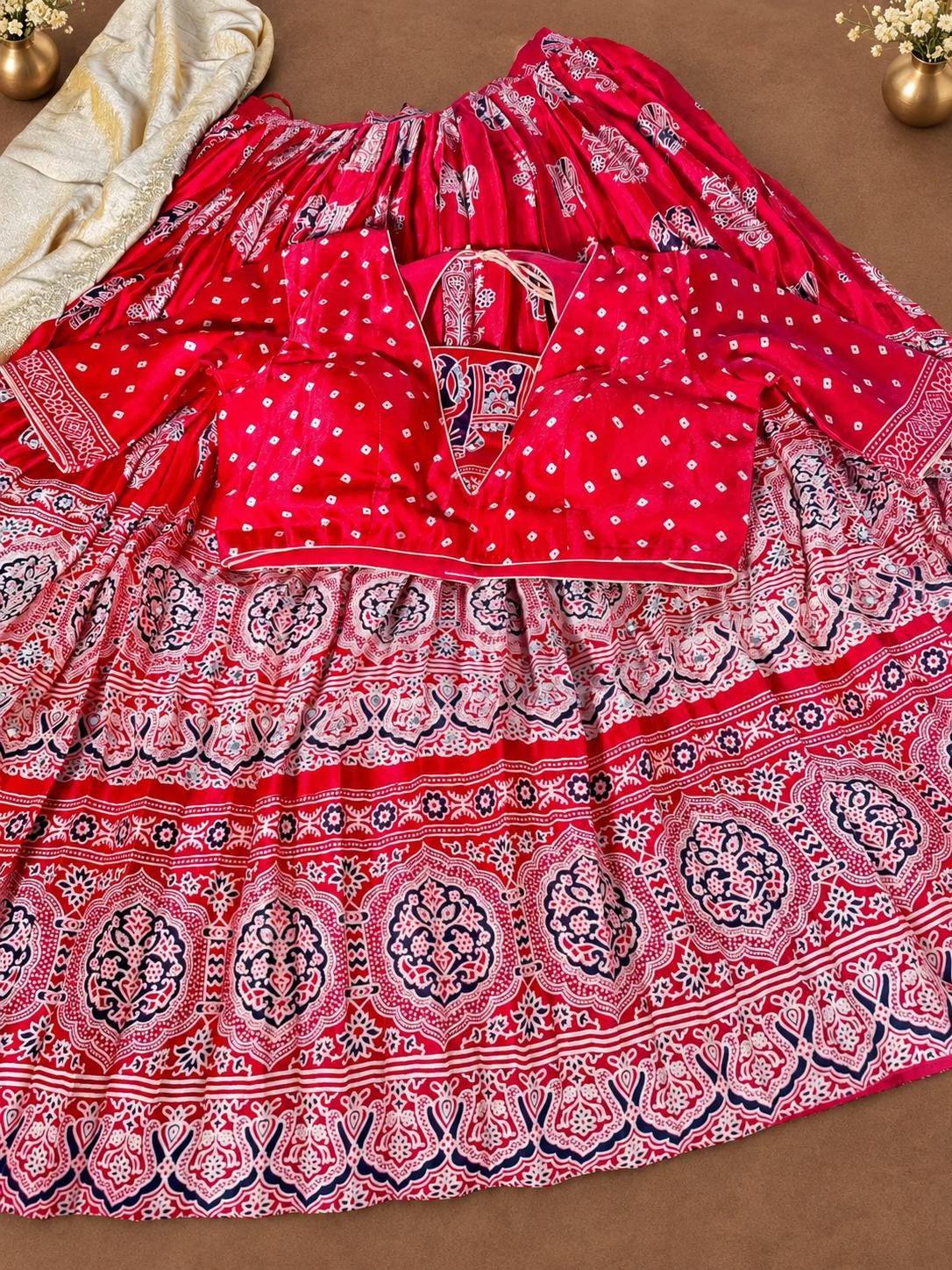 Mirror Work Pure Ajrakh Modal Silk Lehenga with Stitched Blouse Patola Print Designer Ethnic Wedding, Festive & Party Wear | Ships from USA