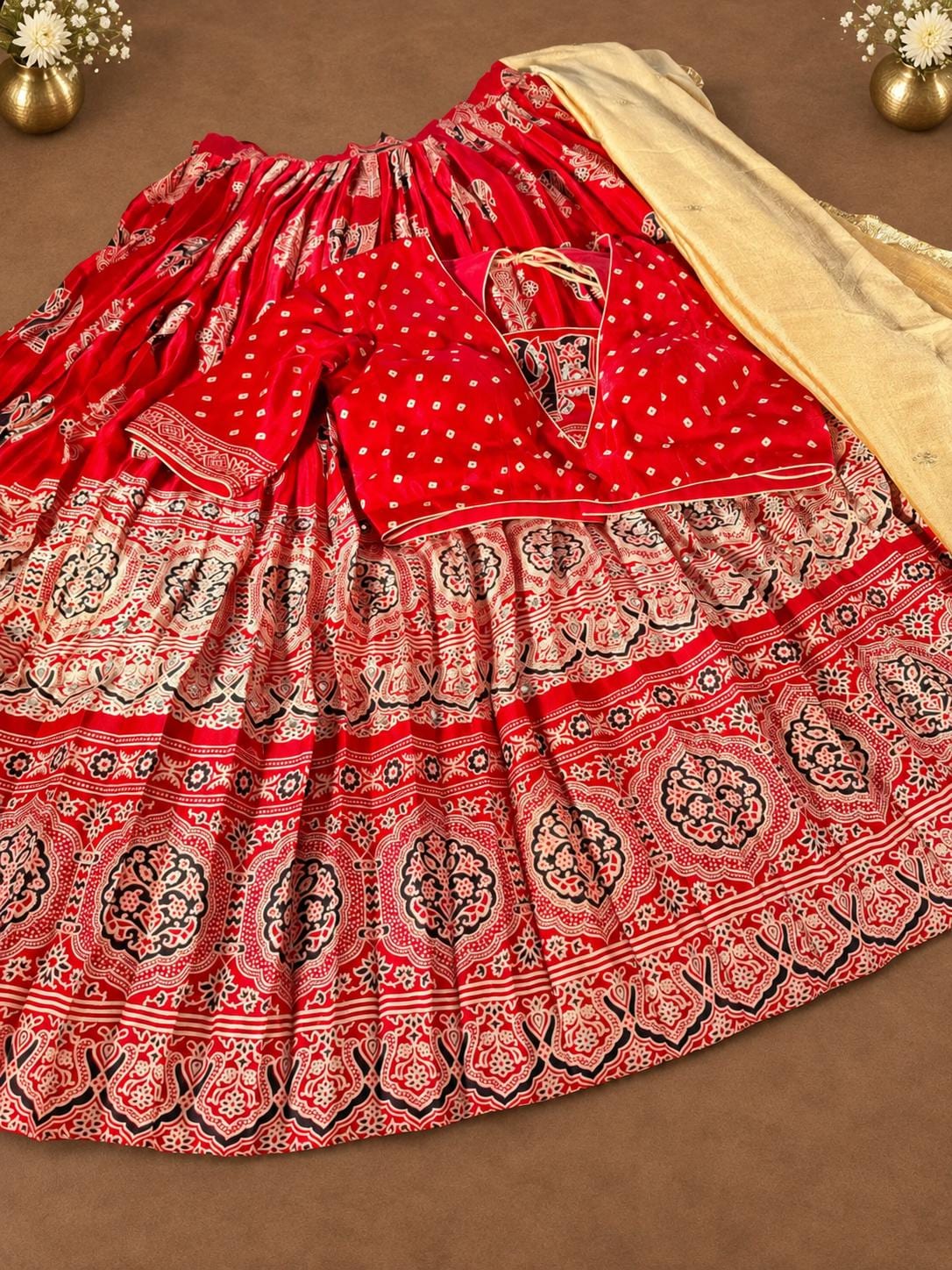 Mirror Work Pure Ajrakh Modal Silk Lehenga with Stitched Blouse Patola Print Designer Ethnic Wedding, Festive & Party Wear | Ships from USA