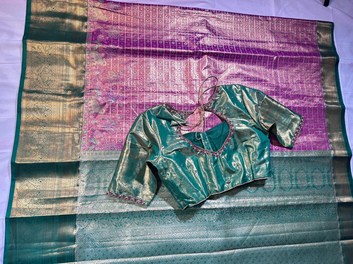 Premium Kanjivaram Brocade Semi Silk Saree with Stitched Maggam Work Blouse Partywear Grand Saree for Wedding receptions.