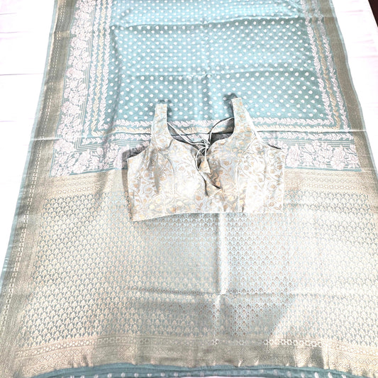 Banarasi Moonga Silk Saree with stitched blouse | Sleeveless Blouse with Sleeves included for stitching | USA shipping