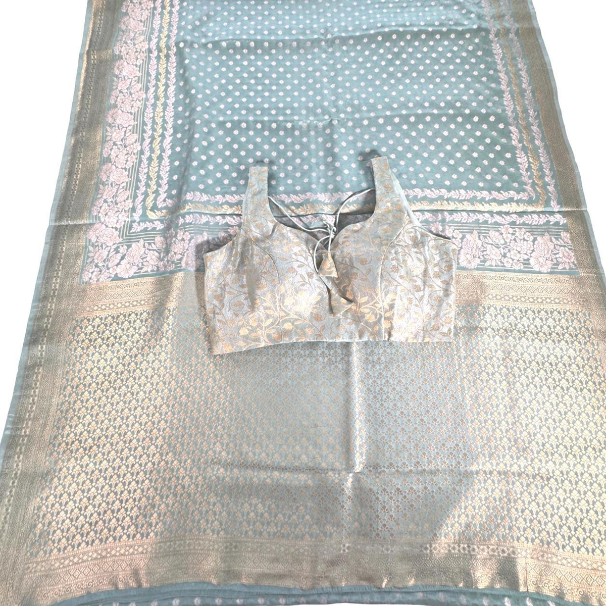 Banarasi Moonga Silk Saree with stitched blouse | Sleeveless Blouse with Sleeves included for stitching | USA shipping