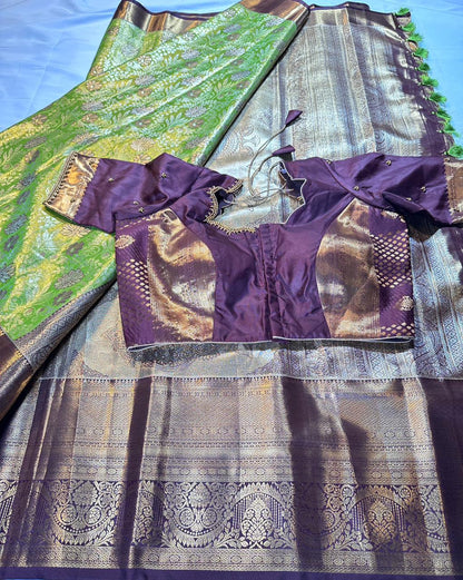 Kanjivaram Meenakari  Premium Silk Saree with Stitched Maggam Work Blouse Partywear Grand Saree for Wedding receptions.
