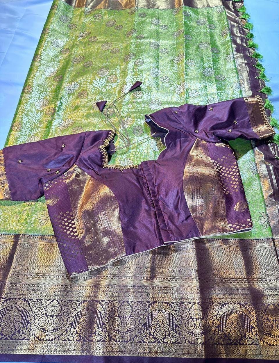 Kanjivaram Meenakari  Premium Silk Saree with Stitched Maggam Work Blouse Partywear Grand Saree for Wedding receptions.