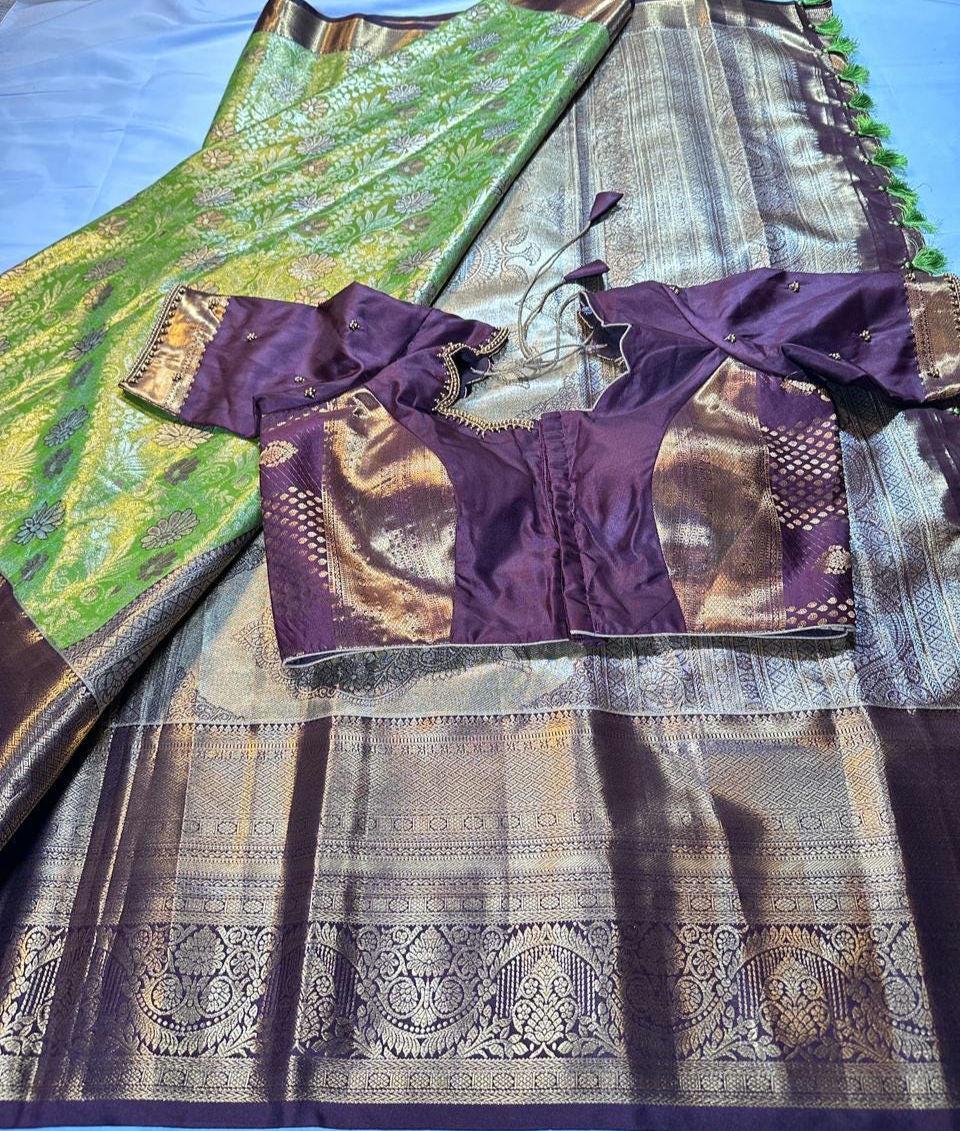 Kanjivaram Meenakari  Premium Silk Saree with Stitched Maggam Work Blouse Partywear Grand Saree for Wedding receptions.