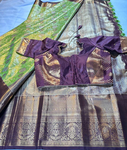 Kanjivaram Meenakari  Premium Silk Saree with Stitched Maggam Work Blouse Partywear Grand Saree for Wedding receptions.