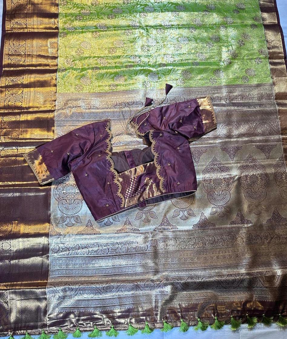 Kanjivaram Meenakari  Premium Silk Saree with Stitched Maggam Work Blouse Partywear Grand Saree for Wedding receptions.