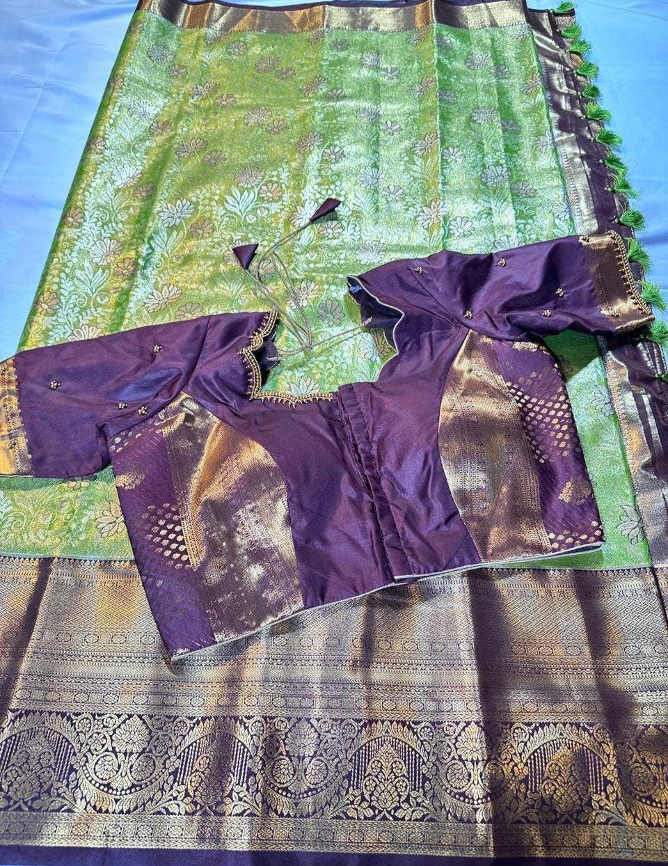 Kanjivaram Meenakari  Premium Silk Saree with Stitched Maggam Work Blouse Partywear Grand Saree for Wedding receptions.