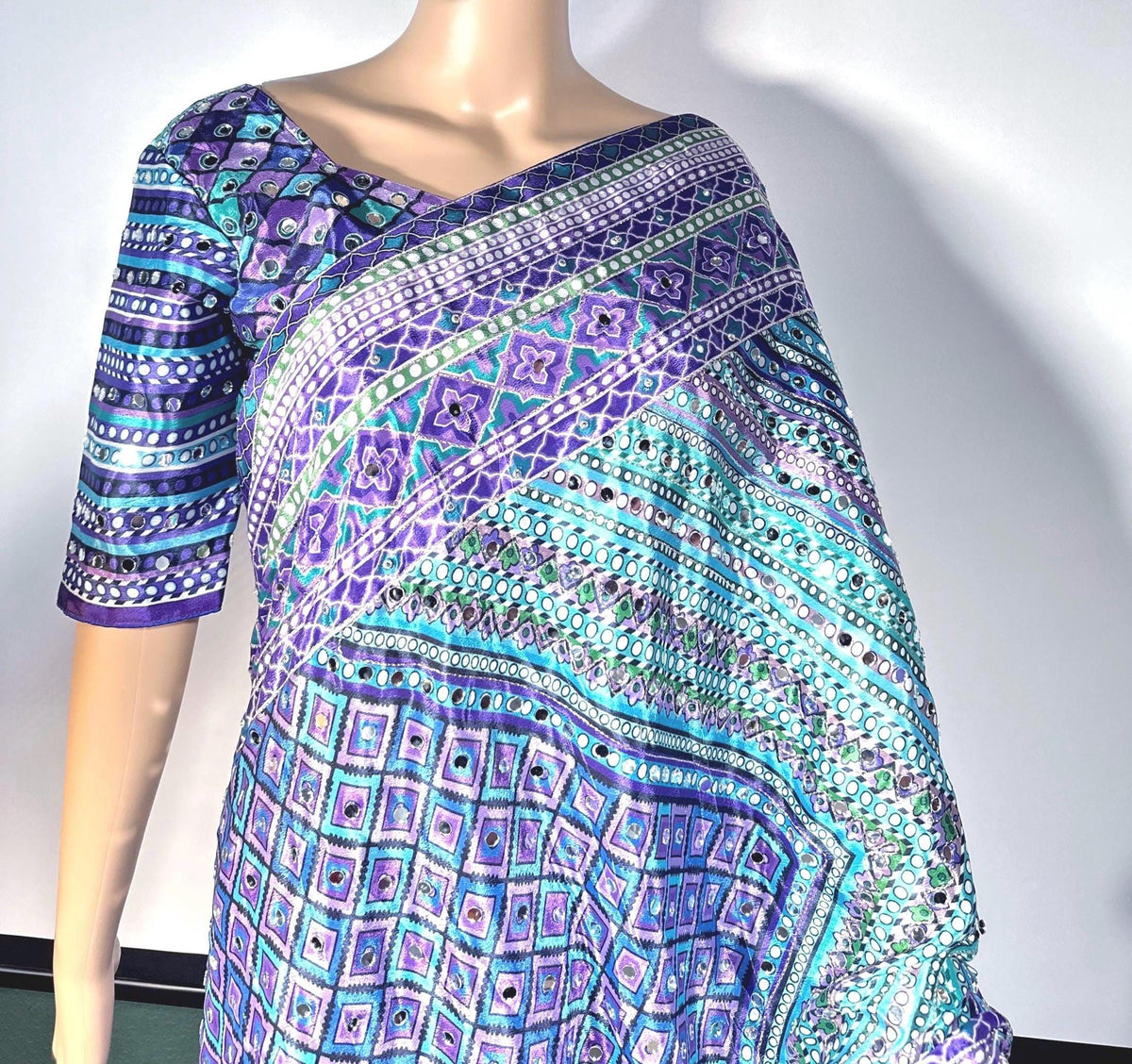 Mirror & Aari Work Chinon Saree with Stitched Blouse –Ready to Wear, Shipping from US