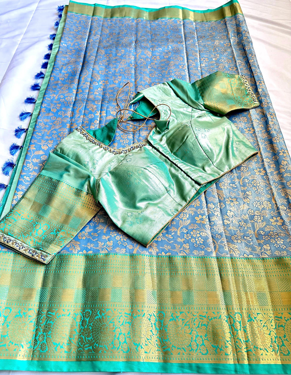 Kanjivaram Semi Silk Saree with Stitched Maggam Work Blouse Indian Wedding Saree | Ships From USA