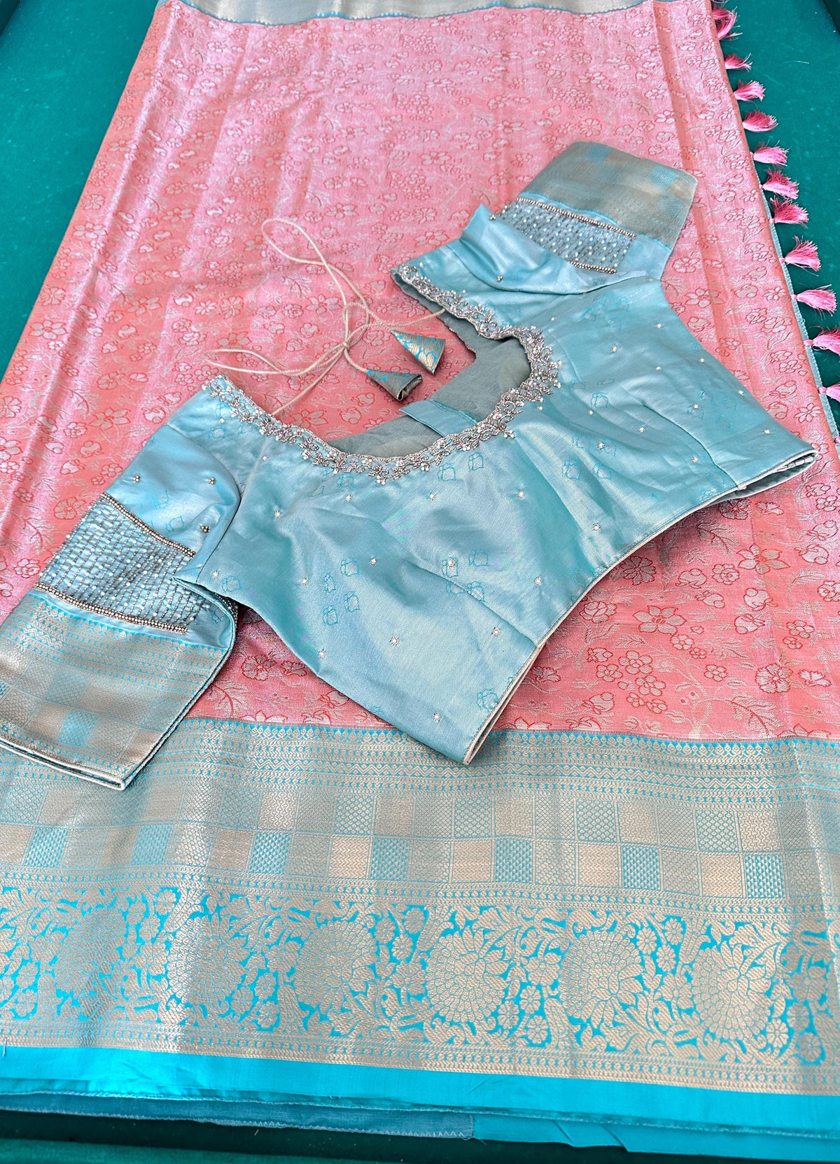 Kanjivaram Semi Silk Saree with Stitched Maggam Work Blouse | Indian Wedding Saree | Ships From USA