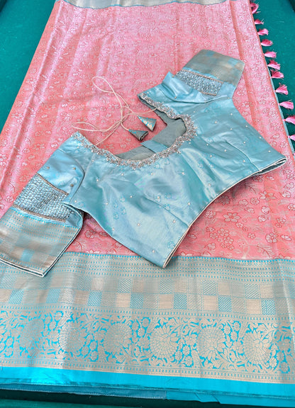 Kanjivaram Semi Silk Saree with Stitched Maggam Work Blouse | Indian Wedding Saree | Ships From USA