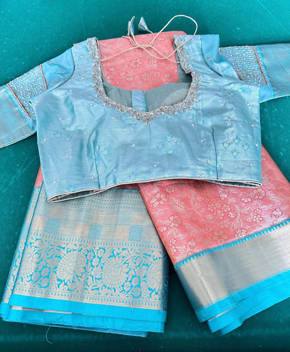 Kanjivaram Semi Silk Saree with Stitched Maggam Work Blouse | Indian Wedding Saree | Ships From USA