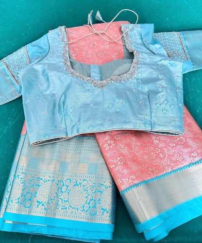 Kanjivaram Semi Silk Saree with Stitched Maggam Work Blouse | Indian Wedding Saree | Ships From USA