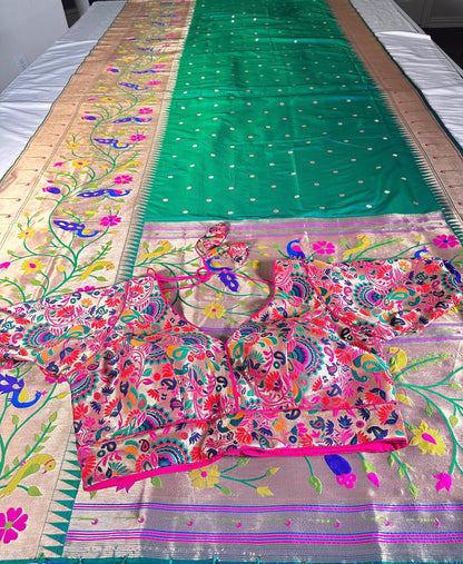 Kanjeevaram Paithani Gift Silk Saree | Full Weaving | Stitched Paithani Blouse | Partywear Saree | Ships from USA