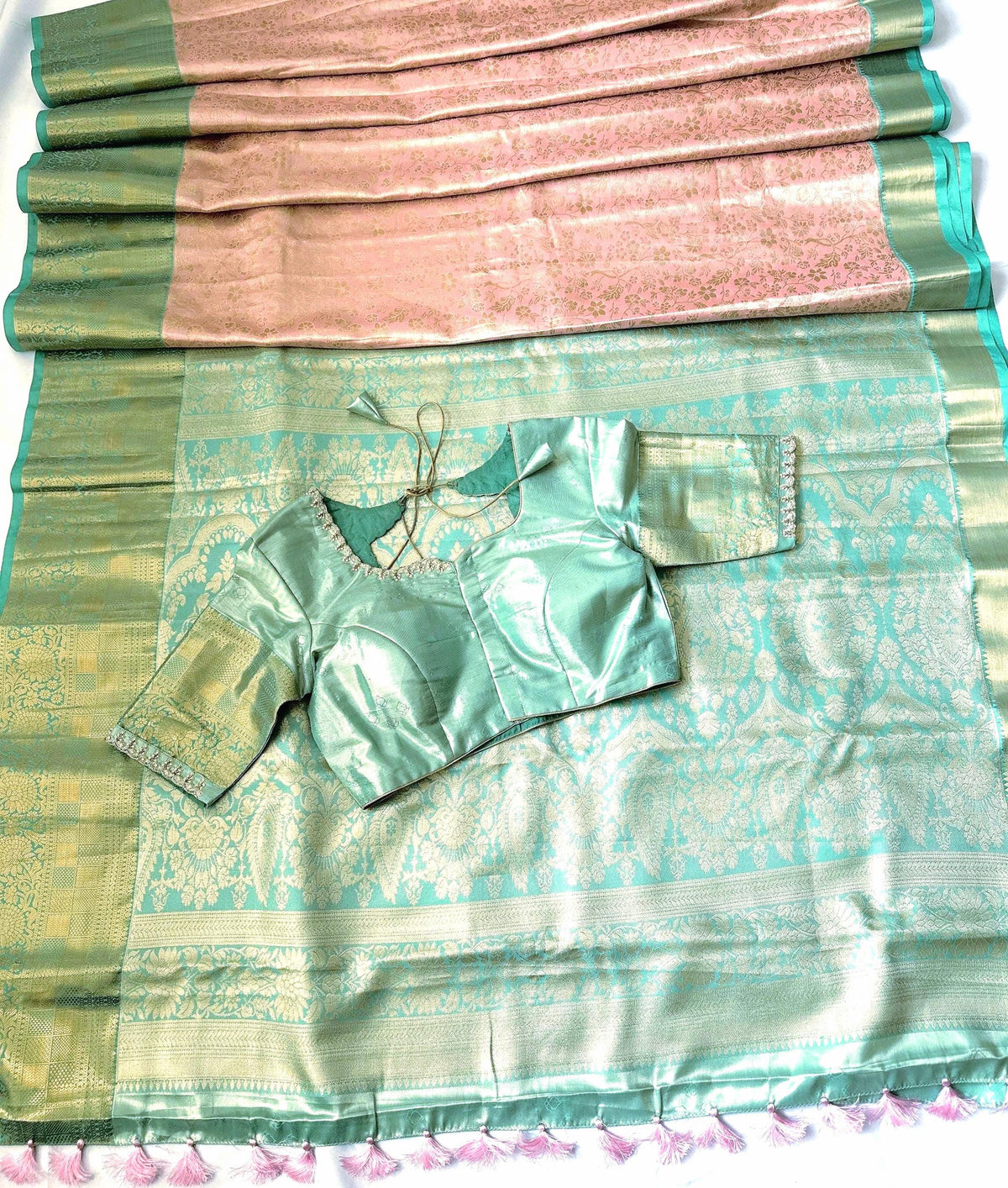 Kanjivaram Semi Silk Saree with Stitched Maggam Work Blouse | Indian Wedding Saree | Ships From USA