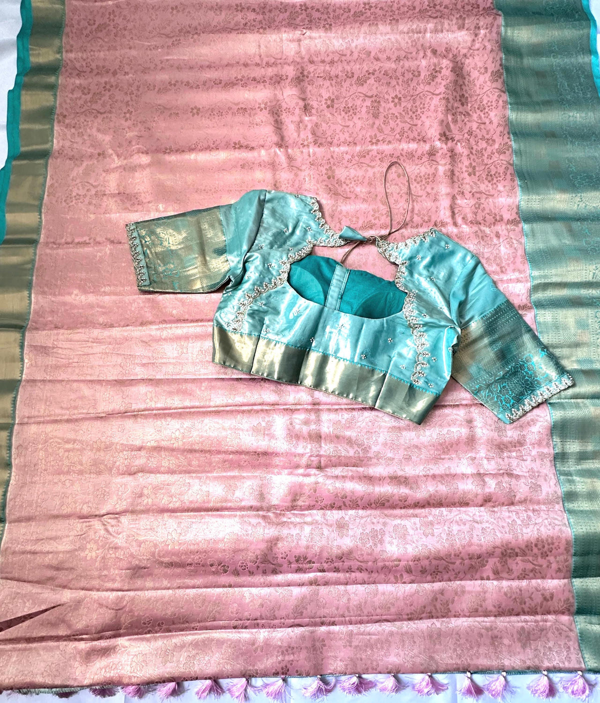 Kanjivaram Semi Silk Saree with Stitched Maggam Work Blouse | Indian Wedding Saree | Ships From USA