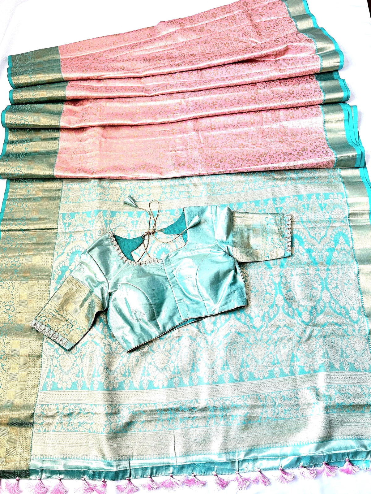 Kanjivaram Semi Silk Saree with Stitched Maggam Work Blouse | Indian Wedding Saree | Ships From USA