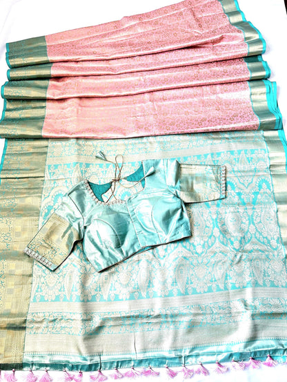 Kanjivaram Semi Silk Saree with Stitched Maggam Work Blouse | Indian Wedding Saree | Ships From USA