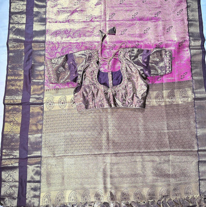 Premium Kanjivaram Gap Border Silk Saree with Stitched Maggam Work Blouse Partywear Grand Saree for Wedding receptions.