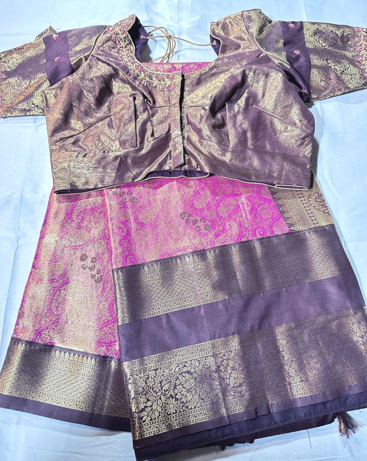 Premium Kanjivaram Gap Border Silk Saree with Stitched Maggam Work Blouse Partywear Grand Saree for Wedding receptions.