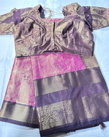 Premium Kanjivaram Gap Border Silk Saree with Stitched Maggam Work Blouse Partywear Grand Saree for Wedding receptions.