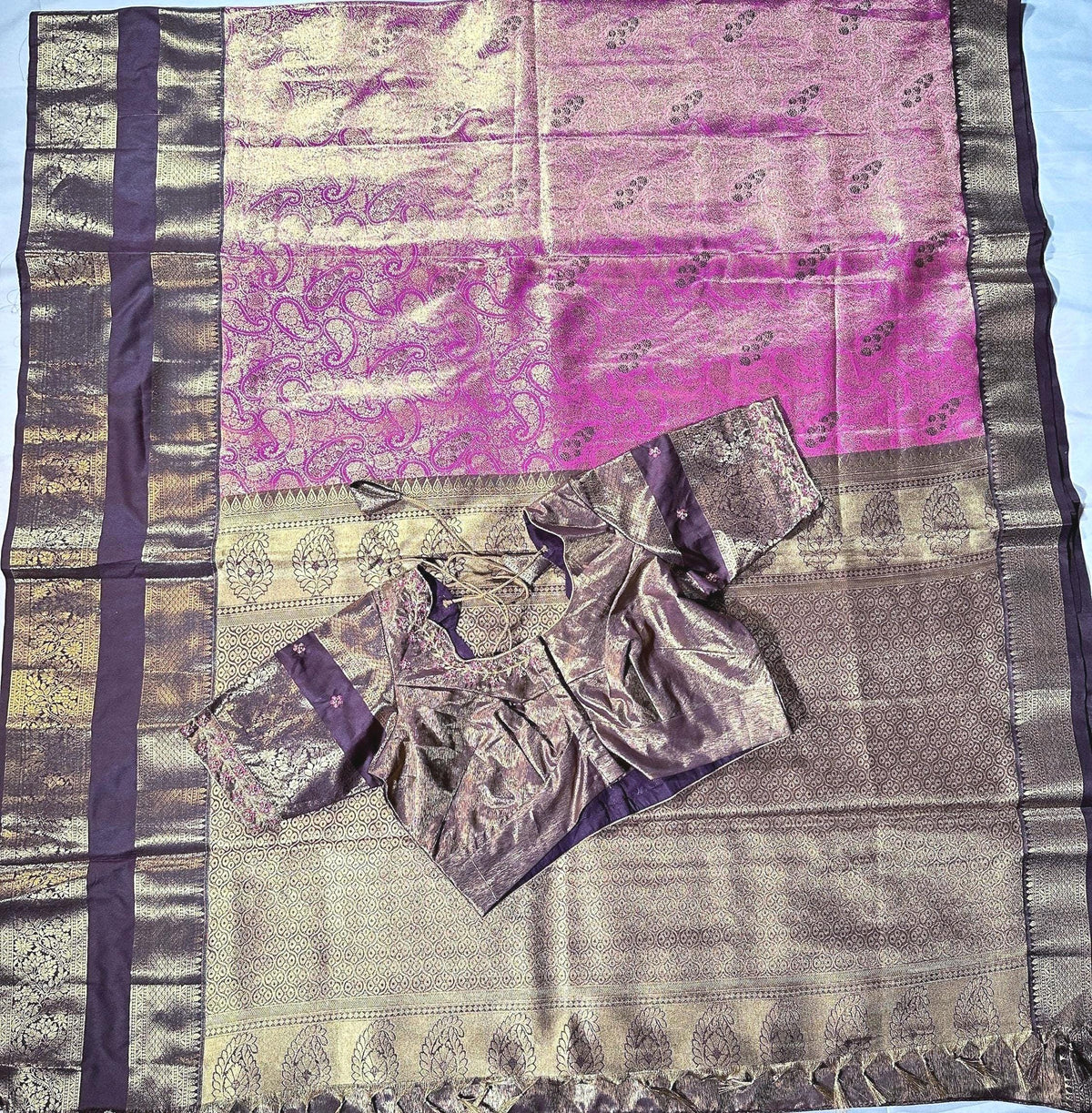 Premium Kanjivaram Gap Border Silk Saree with Stitched Maggam Work Blouse Partywear Grand Saree for Wedding receptions.