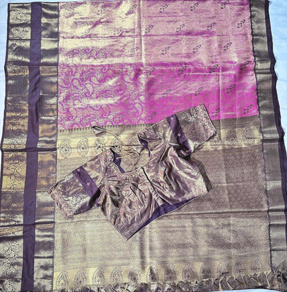 Premium Kanjivaram Gap Border Silk Saree with Stitched Maggam Work Blouse Partywear Grand Saree for Wedding receptions.