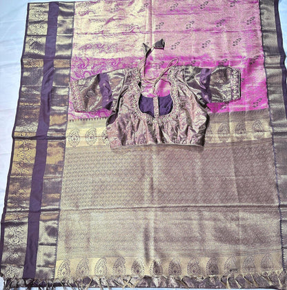 Premium Kanjivaram Gap Border Silk Saree with Stitched Maggam Work Blouse Partywear Grand Saree for Wedding receptions.