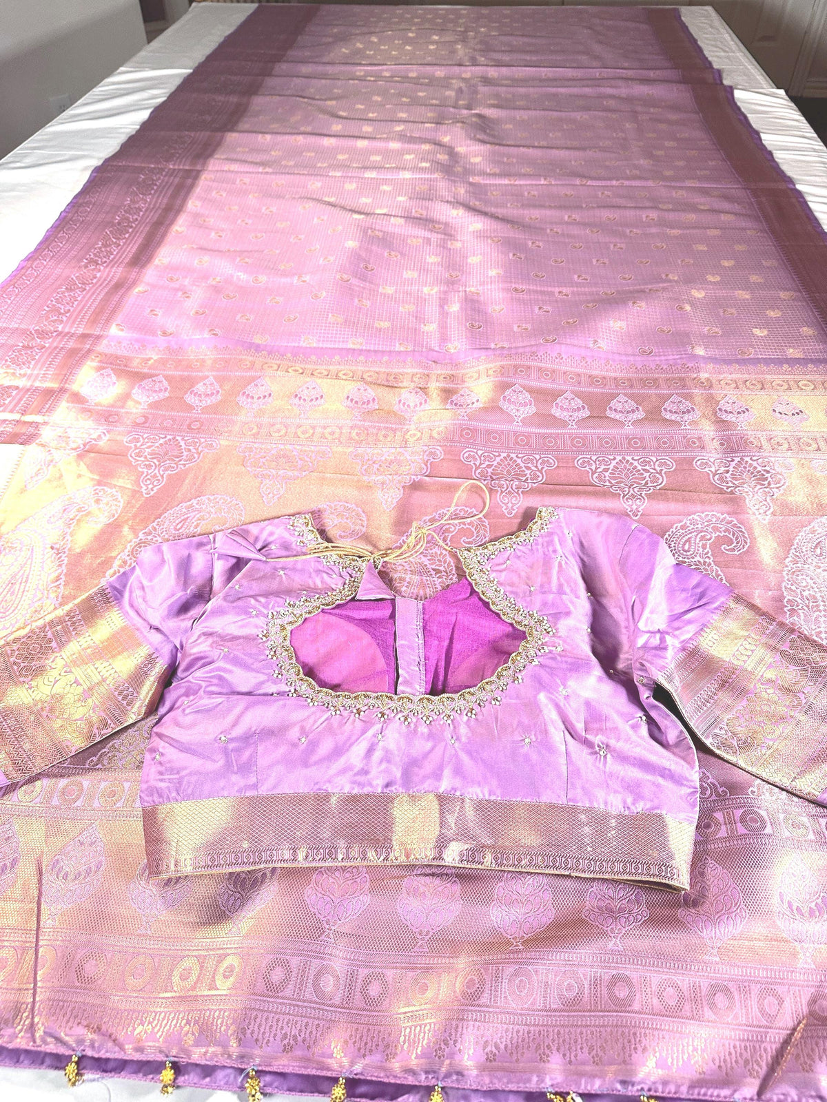 Premium Kanjivaram Silk Saree  | Maggam Work Blouse | Stitched Blouse | Wedding & Party Saree | Ships from USA Ready to wear