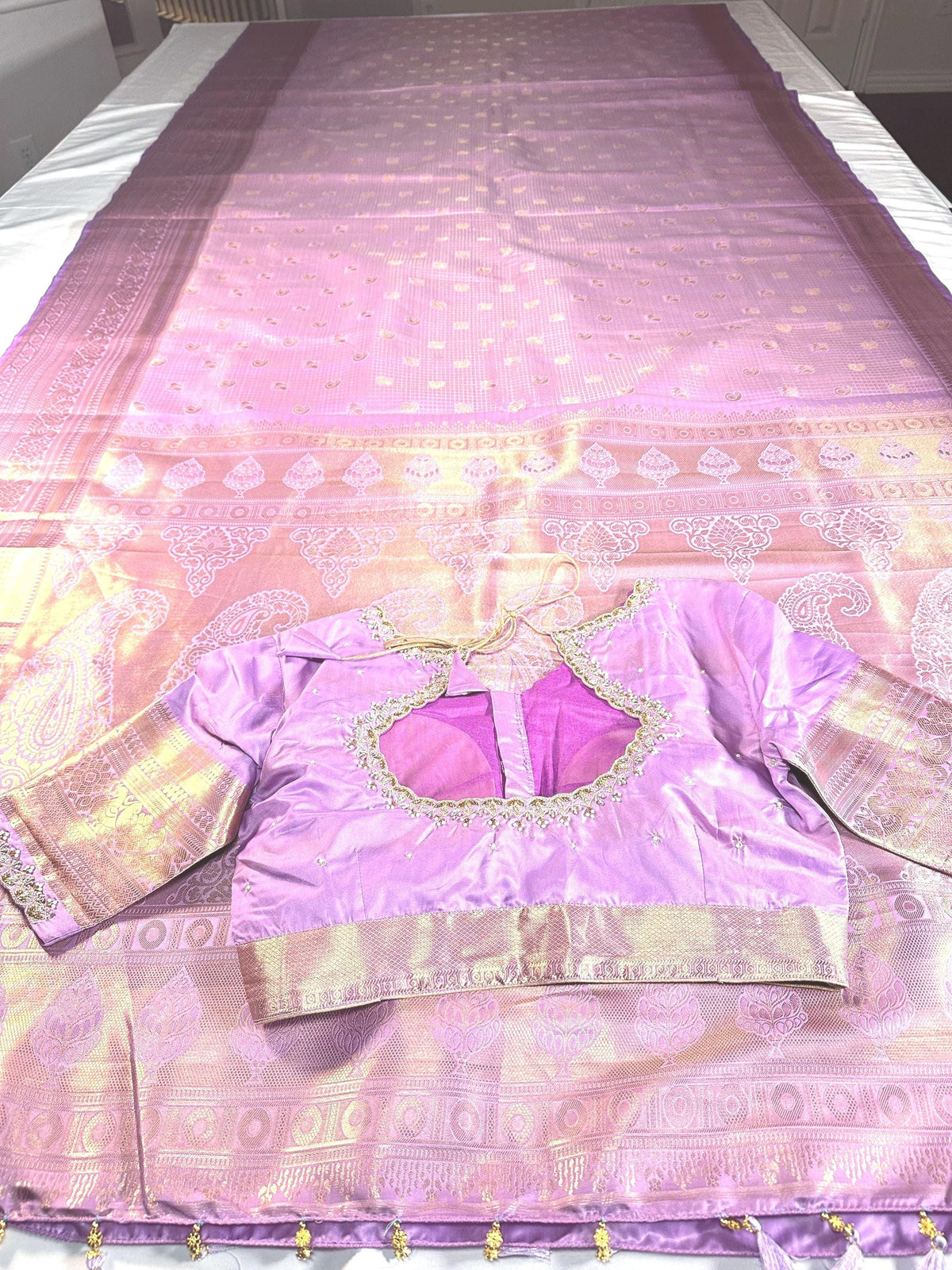 Premium Kanjivaram Silk Saree  | Maggam Work Blouse | Stitched Blouse | Wedding & Party Saree | Ships from USA Ready to wear