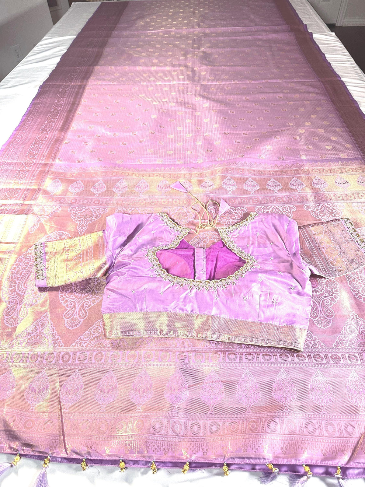 Premium Kanjivaram Silk Saree  | Maggam Work Blouse | Stitched Blouse | Wedding & Party Saree | Ships from USA Ready to wear