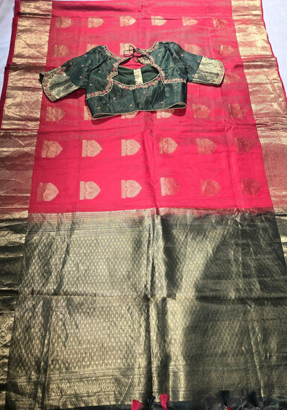 Handloom Pure Kanjivaram Red Silk Saree with Stitched Blouse | Wedding Saree With Stitched Maggam Work Blouse | Indian Party Wear Saree