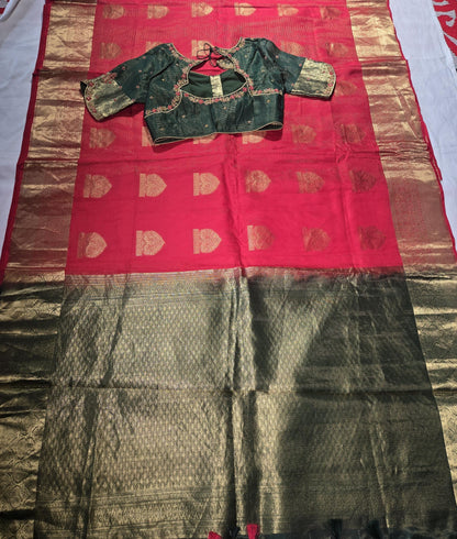Handloom Pure Kanjivaram Red Silk Saree with Stitched Blouse | Wedding Saree With Stitched Maggam Work Blouse | Indian Party Wear Saree