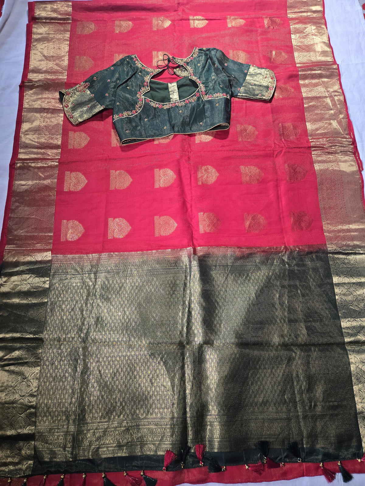Handloom Pure Kanjivaram Red Silk Saree with Stitched Blouse | Wedding Saree With Stitched Maggam Work Blouse | Indian Party Wear Saree