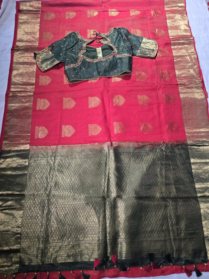 Handloom Pure Kanjivaram Red Silk Saree with Stitched Blouse | Wedding Saree With Stitched Maggam Work Blouse | Indian Party Wear Saree