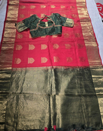 Handloom Pure Kanjivaram Red Silk Saree with Stitched Blouse | Wedding Saree With Stitched Maggam Work Blouse | Indian Party Wear Saree
