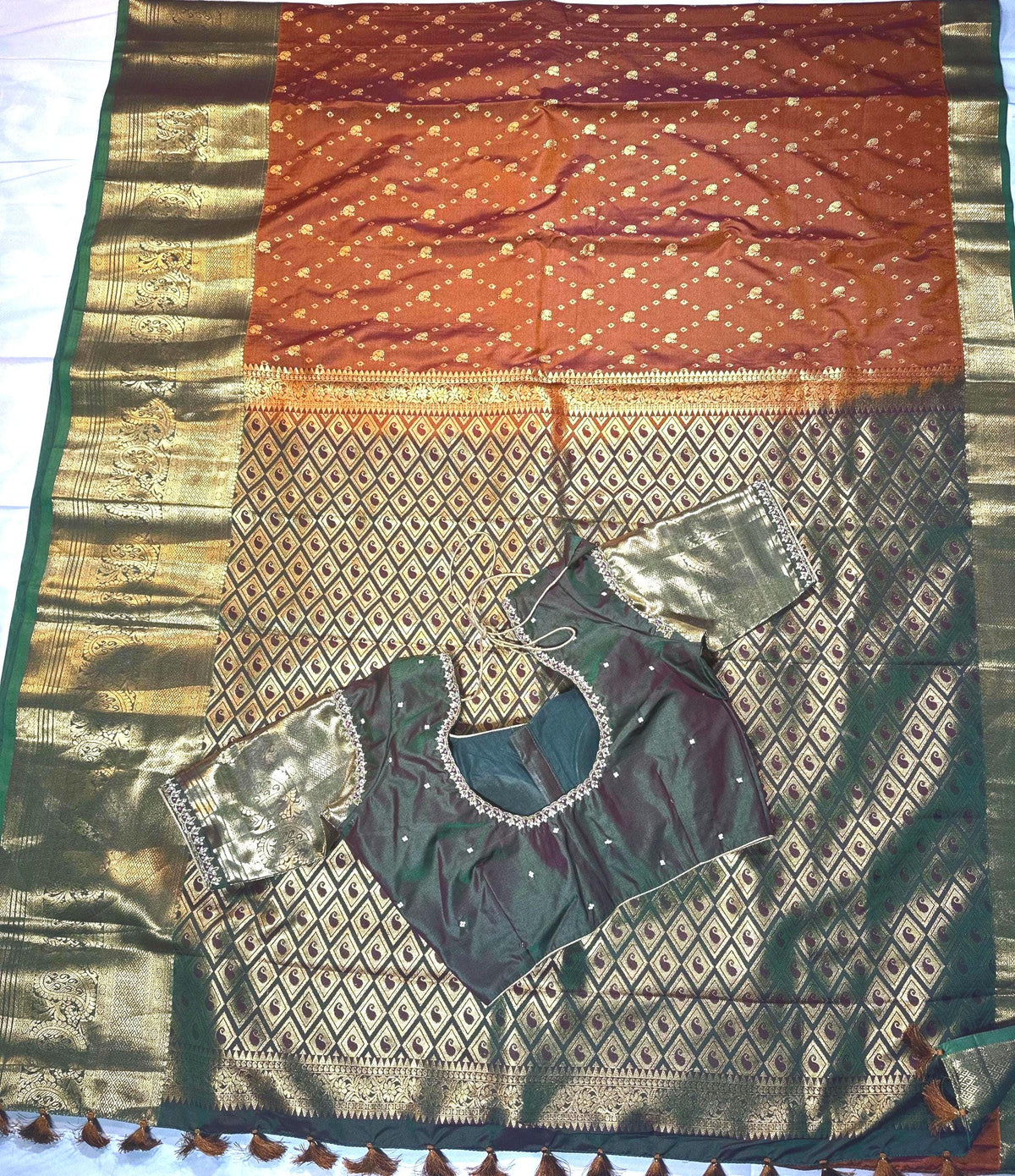 Handloom Premium Kanjivaram Semi Silk Saree Burned Orange | Maggam Work Blouse | Stitched Blouse | Wedding & Party Saree | Ships from USA