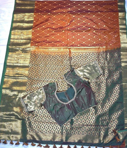 Handloom Premium Kanjivaram Semi Silk Saree Burned Orange | Maggam Work Blouse | Stitched Blouse | Wedding & Party Saree | Ships from USA