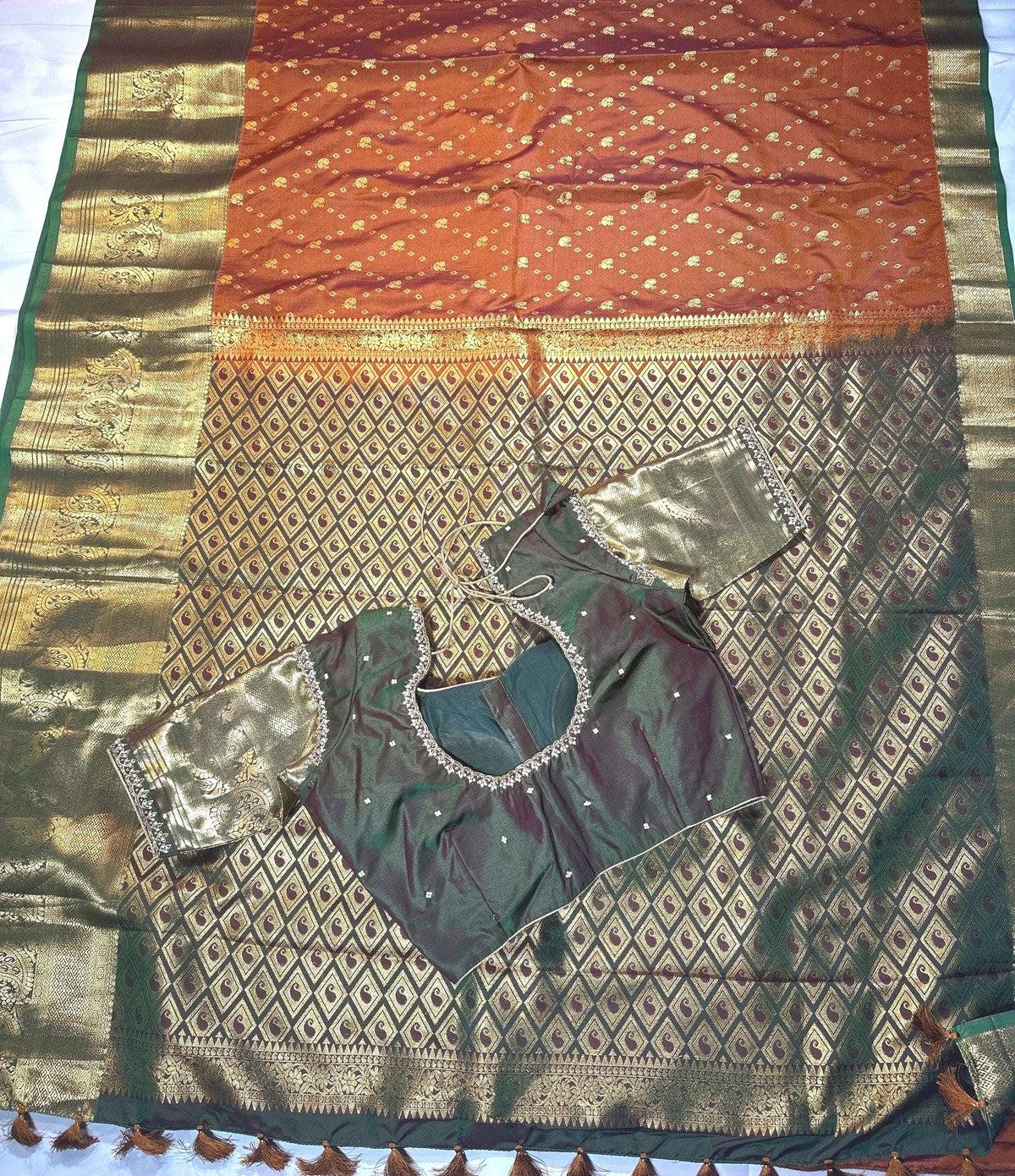 Handloom Premium Kanjivaram Semi Silk Saree Burned Orange | Maggam Work Blouse | Stitched Blouse | Wedding & Party Saree | Ships from USA