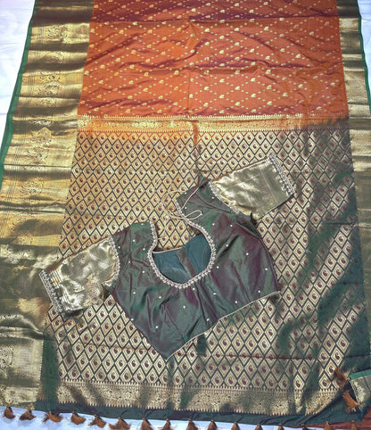 Handloom Premium Kanjivaram Semi Silk Saree Burned Orange | Maggam Work Blouse | Stitched Blouse | Wedding & Party Saree | Ships from USA