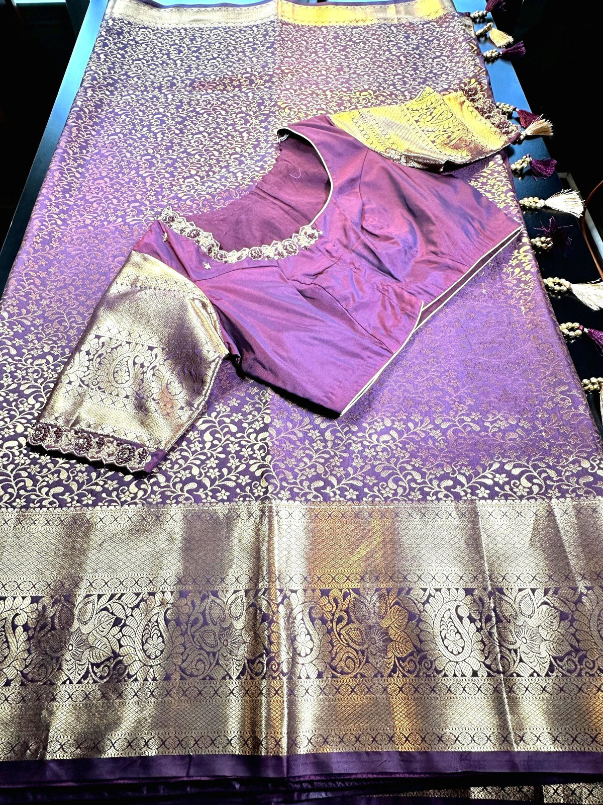 Kanjivaram Tissue Semi Silk Saree with Stitched Maggam Work Blouse | Indian Wedding Saree | Ships From USA