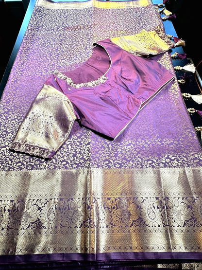 Kanjivaram Tissue Semi Silk Saree with Stitched Maggam Work Blouse | Indian Wedding Saree | Ships From USA