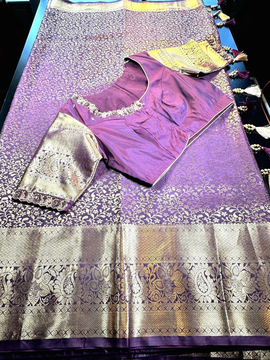 Kanjivaram Tissue Semi Silk Saree with Stitched Maggam Work Blouse | Indian Wedding Saree | Ships From USA