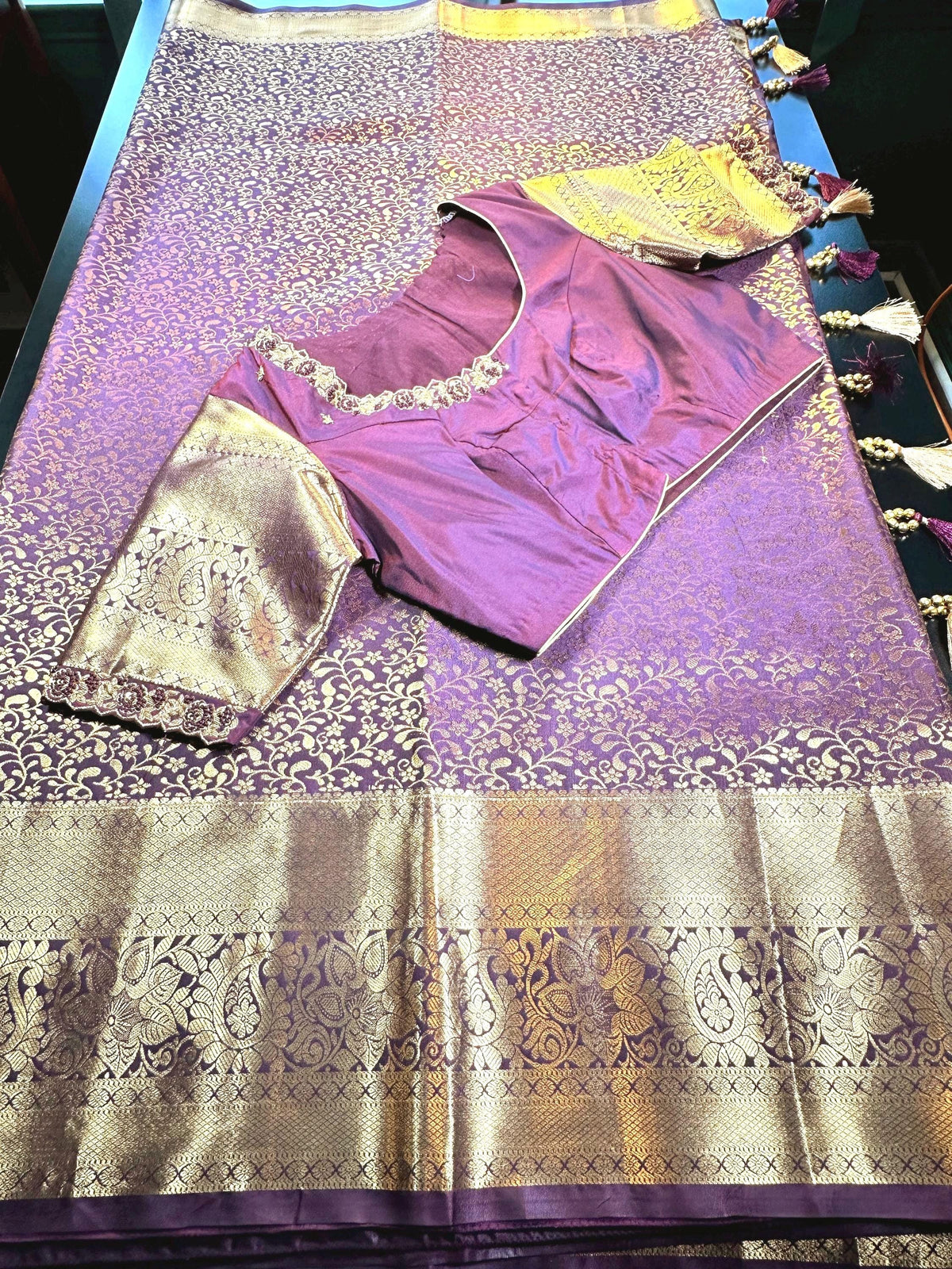 Kanjivaram Tissue Semi Silk Saree with Stitched Maggam Work Blouse | Indian Wedding Saree | Ships From USA